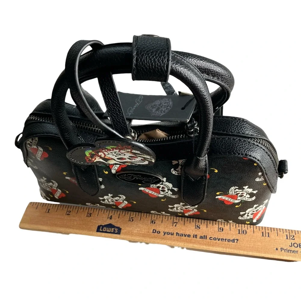 Ed Hardy Skull Heart Tattoo Print‎ Satchel Crossbody Bag Black